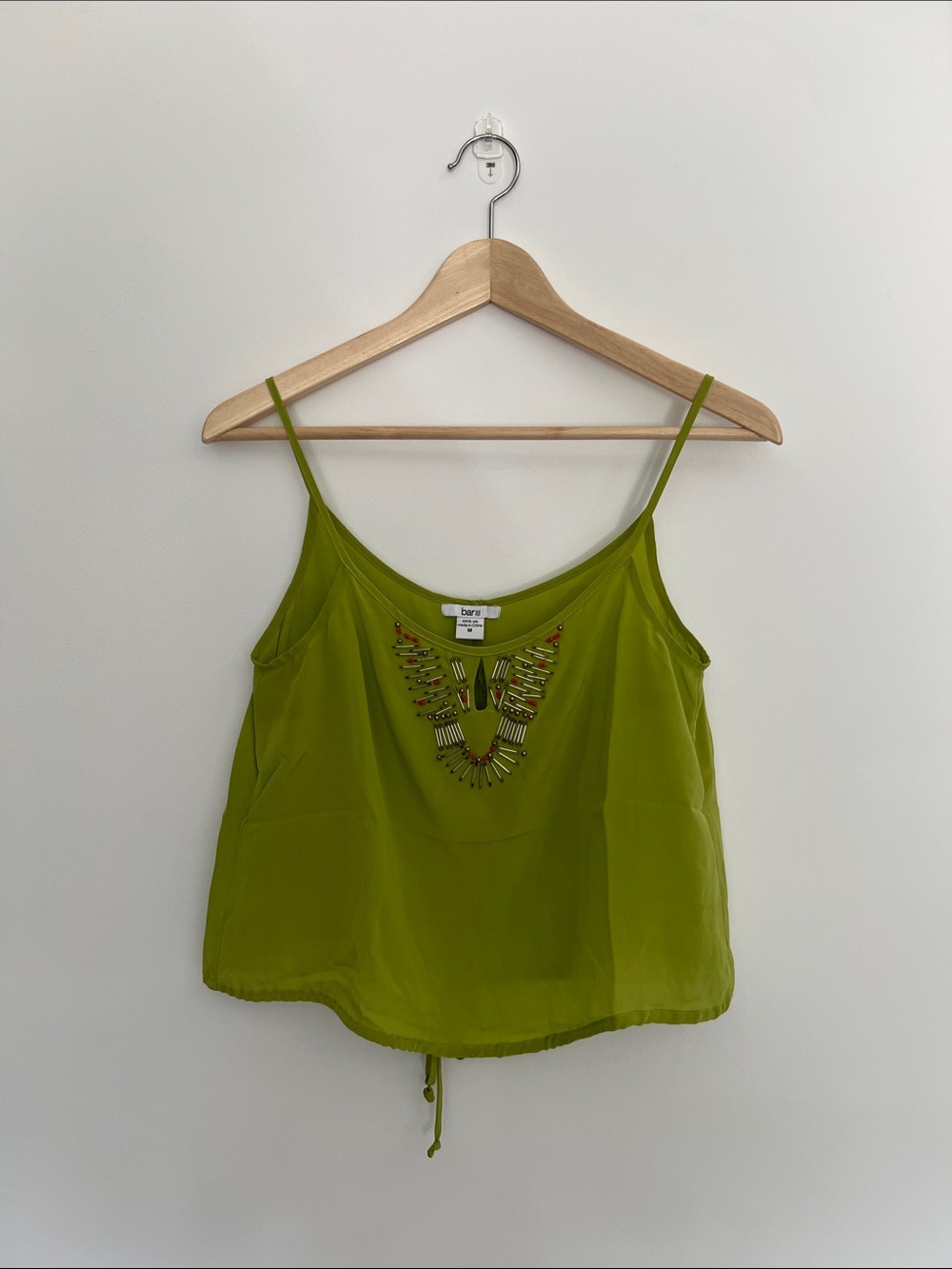 bar III chartreuse cropped spaghetti strap top with beading, size m